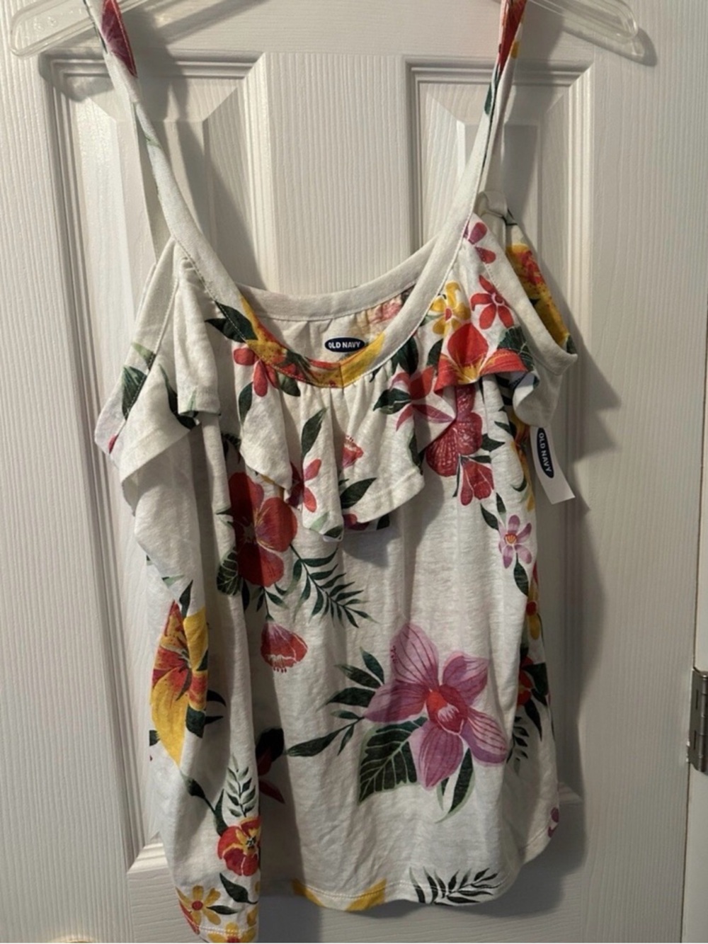 Old Navy White Floral Ruffle Cami with Pink & Yellow Blooms
